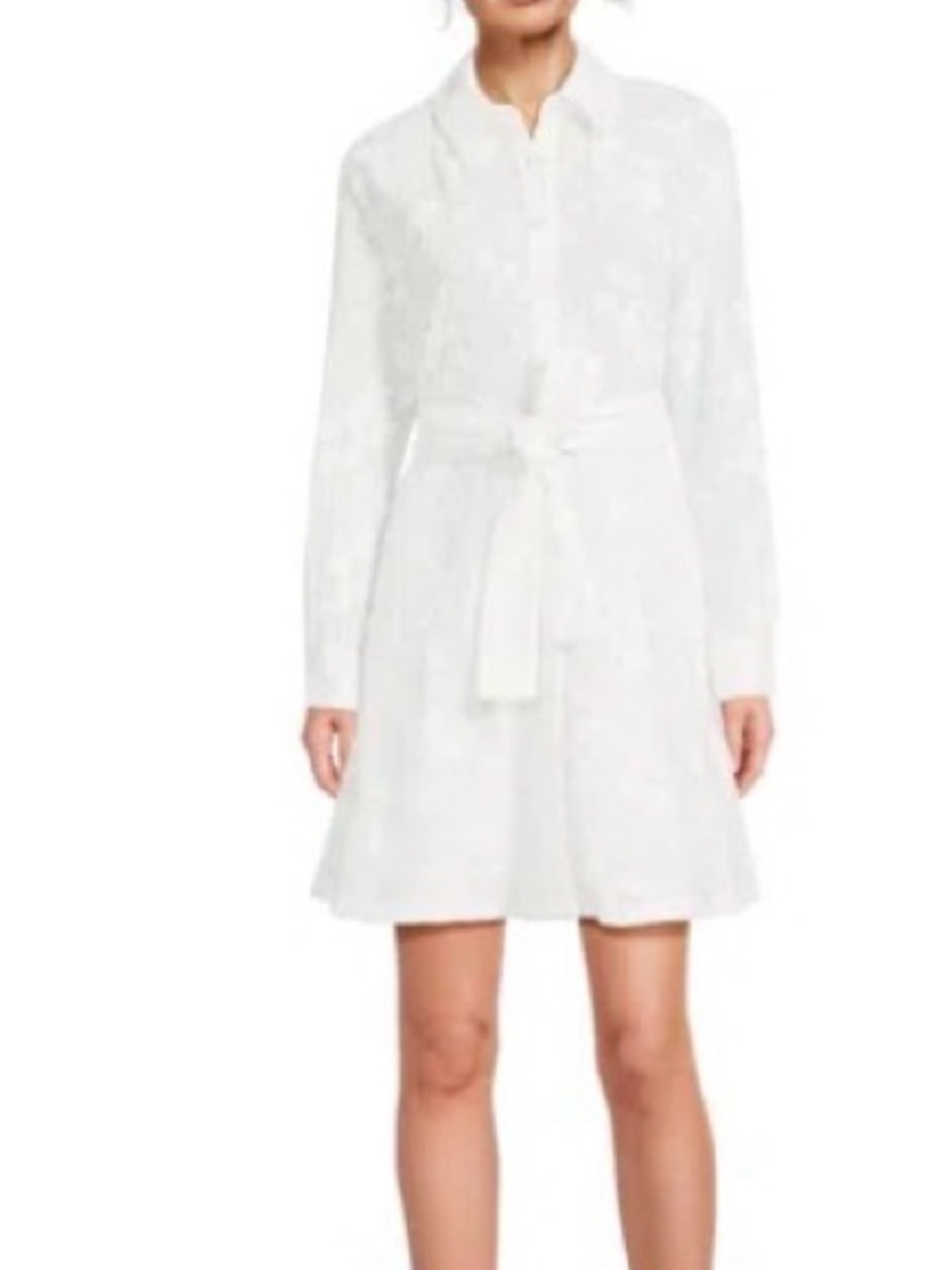 Saks Fifth Avenue White Long-Sleeve Shirt Dress with Waist Tie
